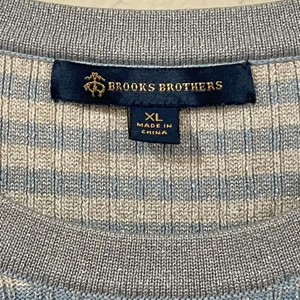 ~ Brooks Brothers XL Sweater Short Sleeved Striped Metallic Ribbed Knit Lt Blue
